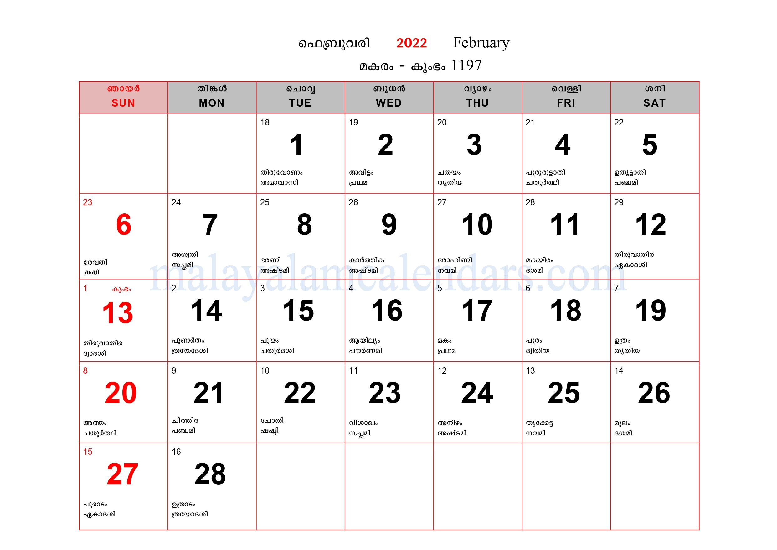 Malayalam Calendar 2022 Time