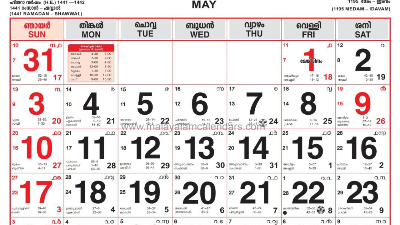 Malayalam Calendar May 2022 [Revised Calendar] - Eliza