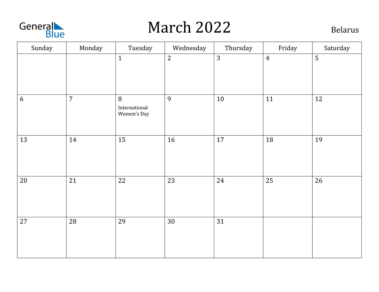 March 2022 Calendar - Belarus