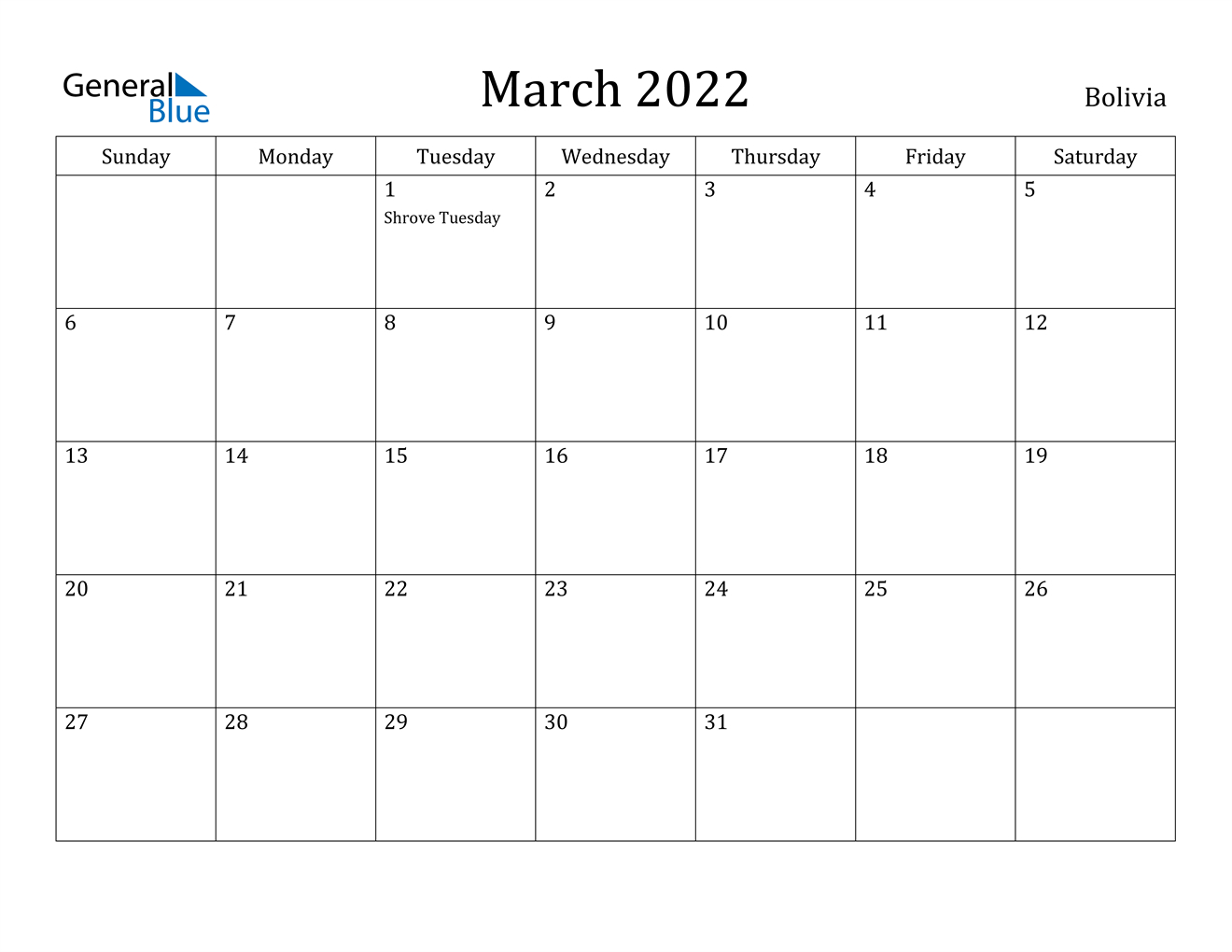 March 2022 Calendar - Bolivia