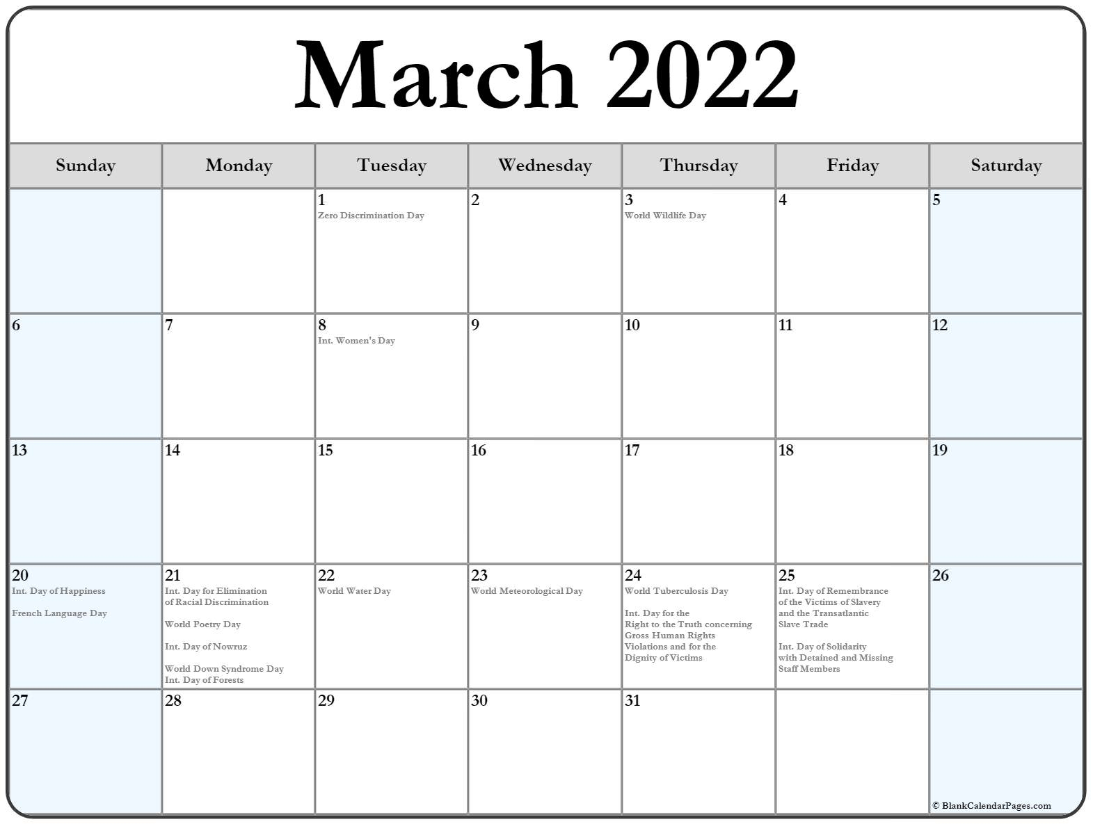 March 2022 Calendar With Holidays