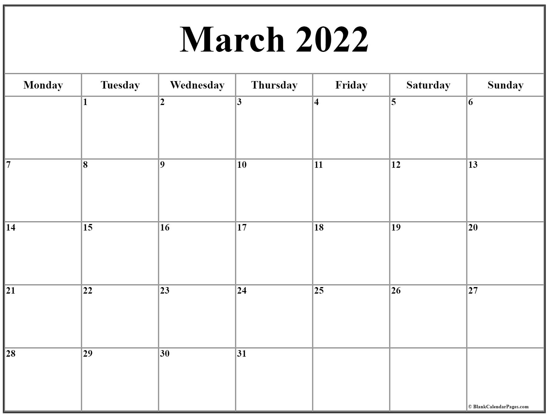 March 2022 Monday Calendar | Monday To Sunday