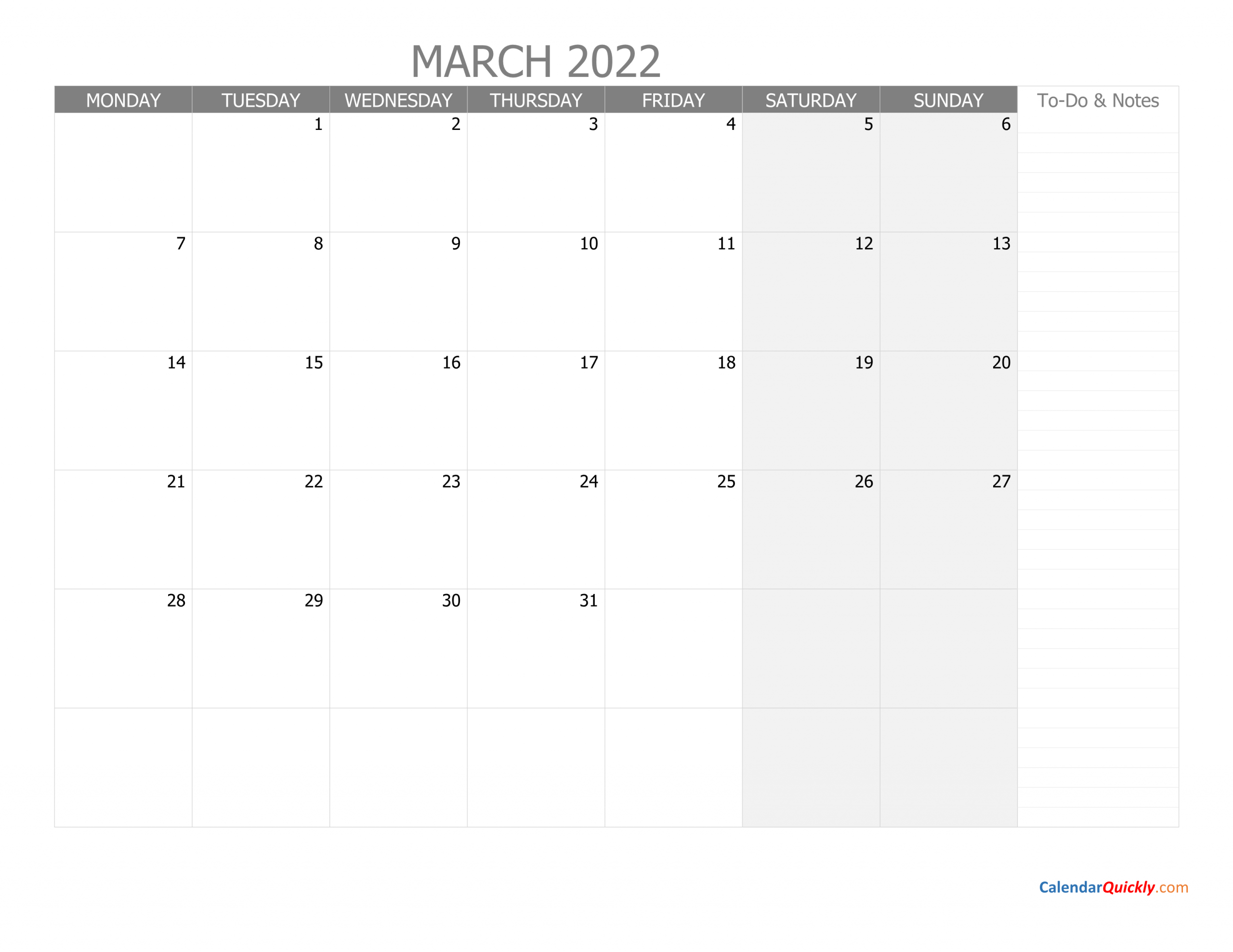 March Monday Calendar 2022 With Notes | Calendar Quickly