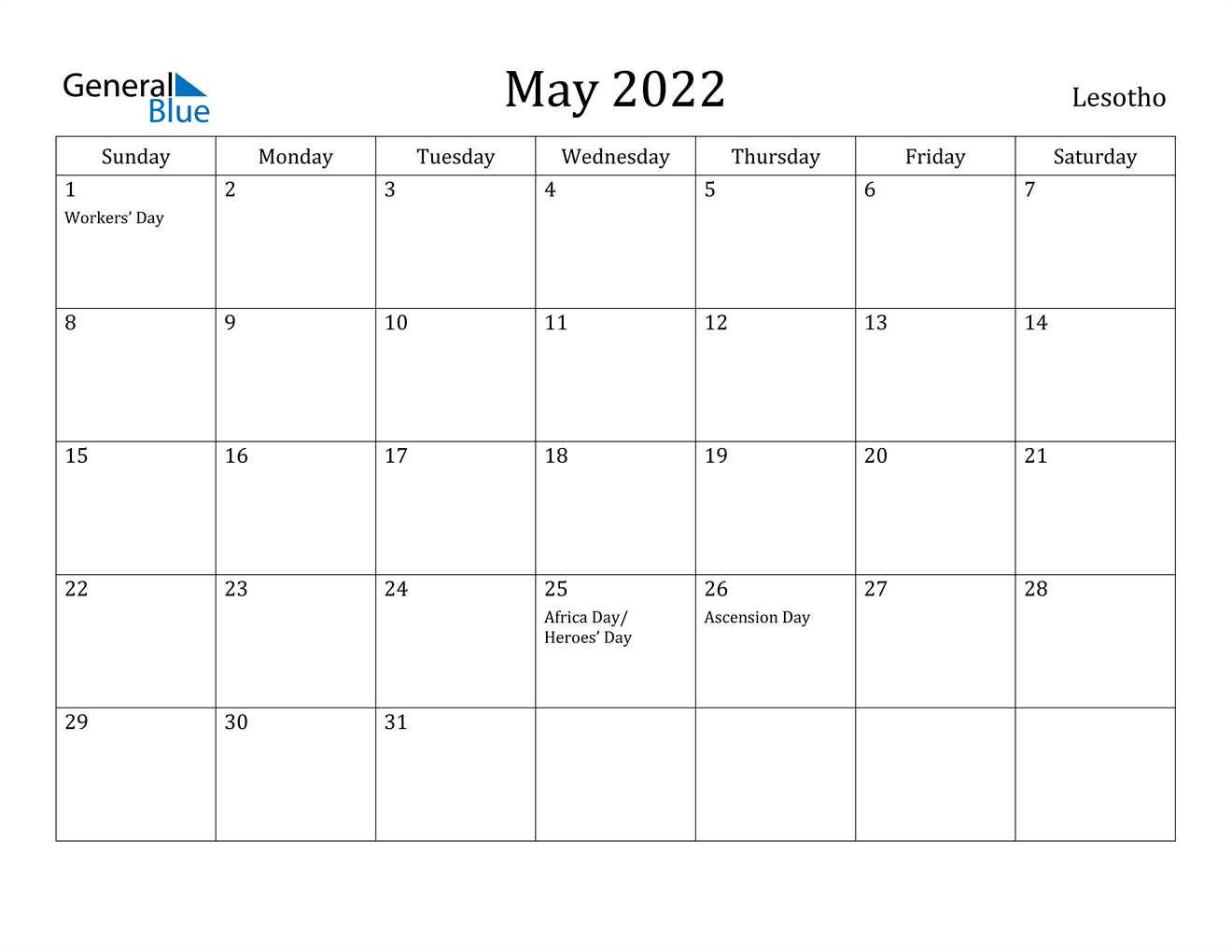 May 2022 Calendar - Lesotho