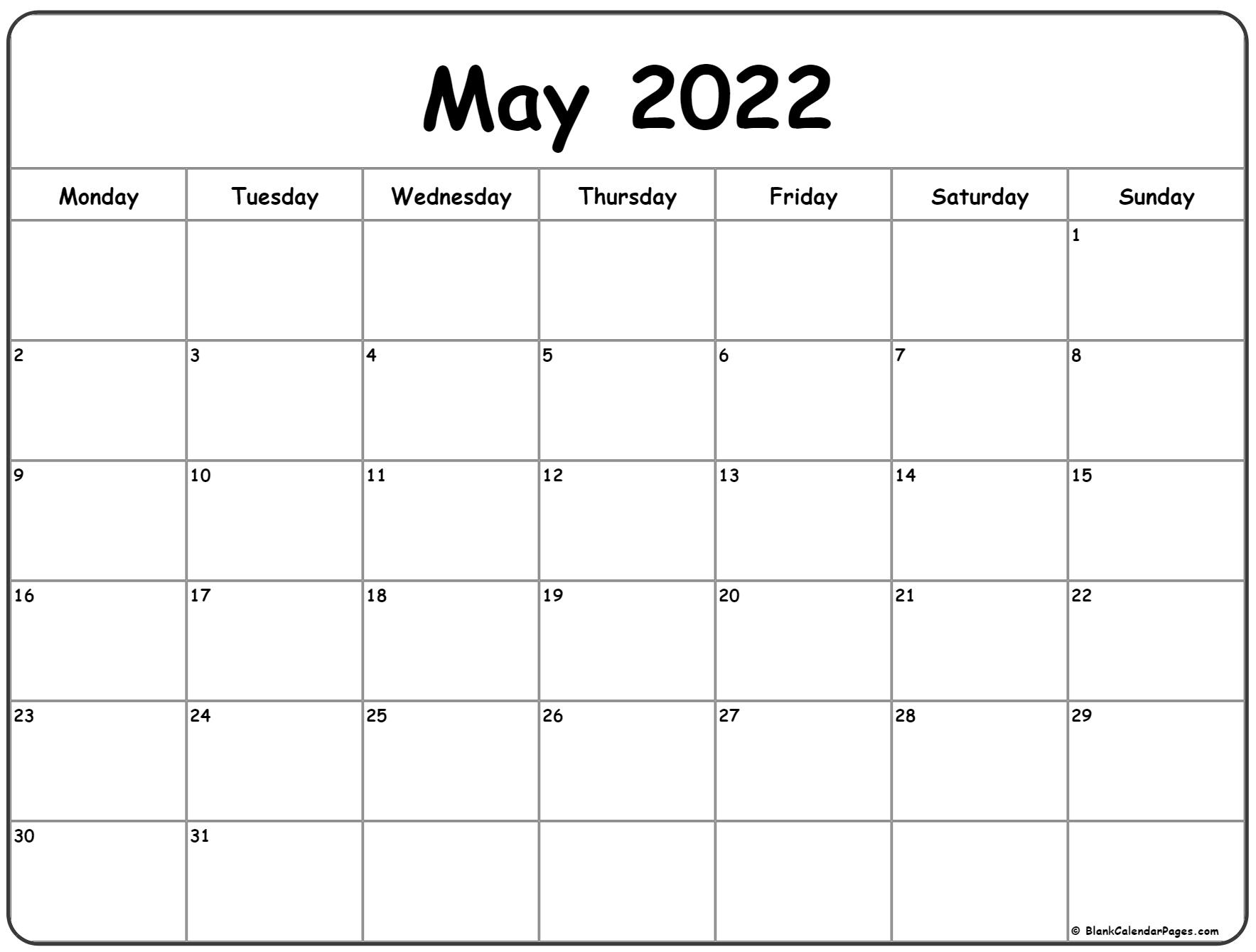 May 2022 Monday Calendar | Monday To Sunday