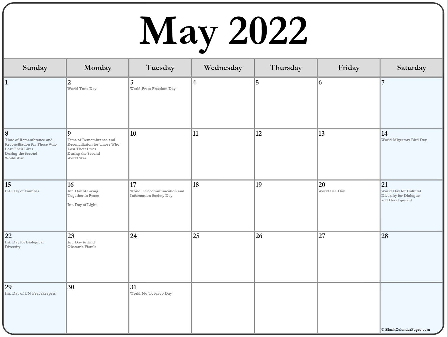 May 2022 With Holidays Calendar