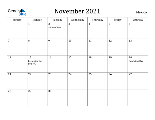 Mexico November 2021 Calendar With Holidays