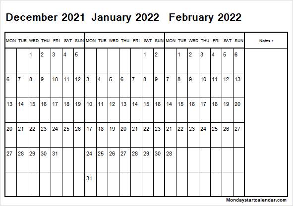 Monday Start December 2021 To February 2022 Calendar