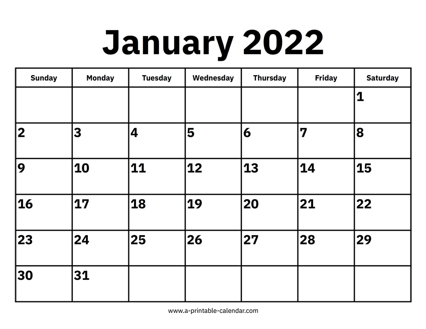 Monthly Calendar For 2022 January