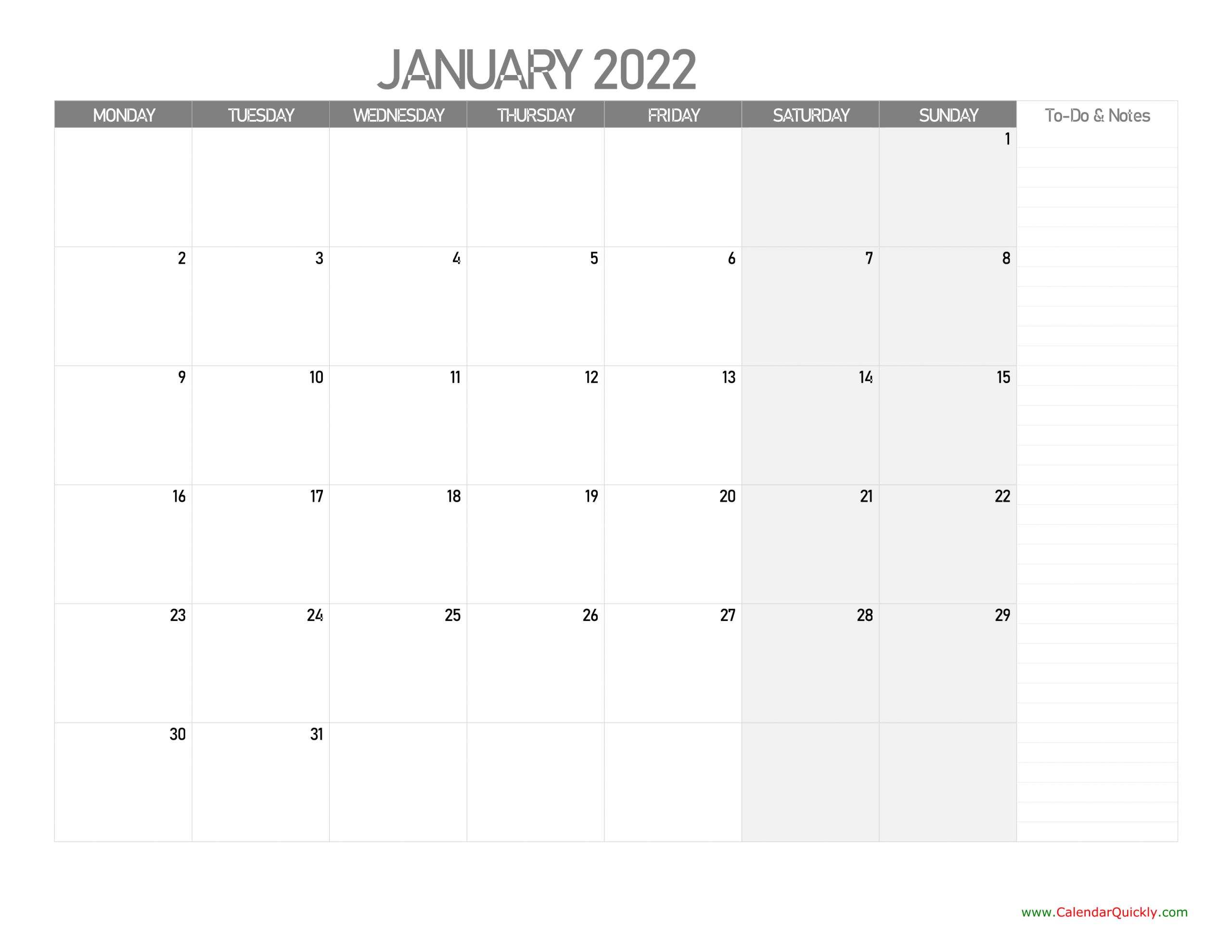 Monthly Monday Calendar 2022 With Notes | Calendar Quickly