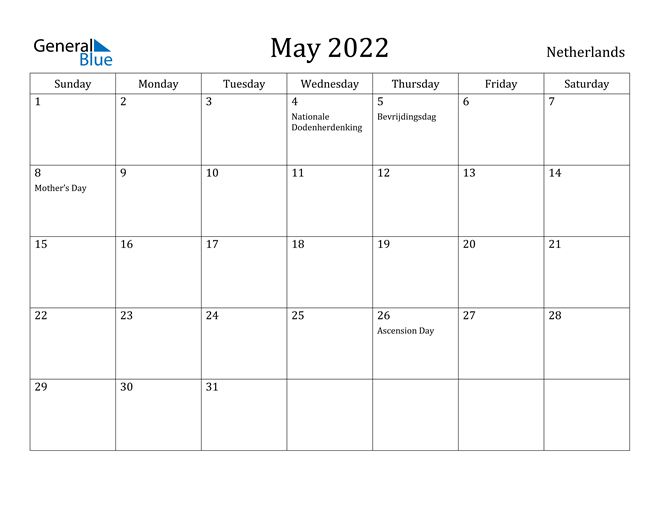 Netherlands May 2022 Calendar With Holidays