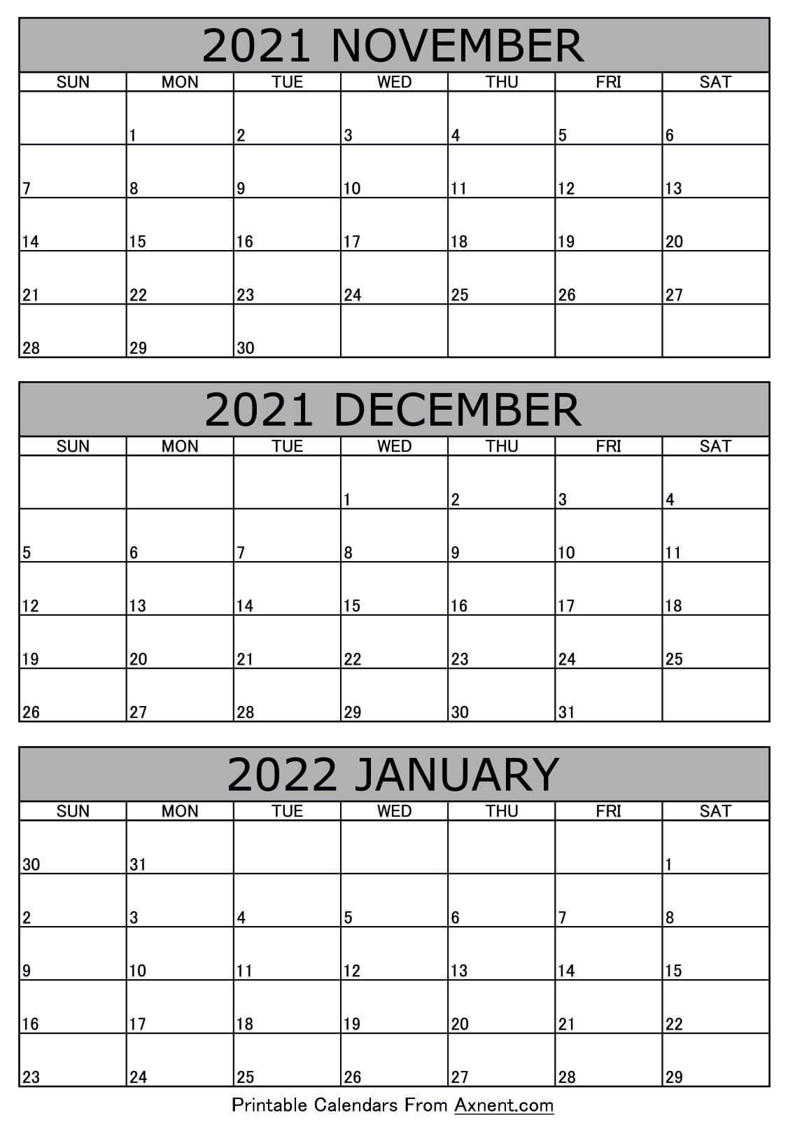 November 2021 To January 2022 Calendar Templates - Three