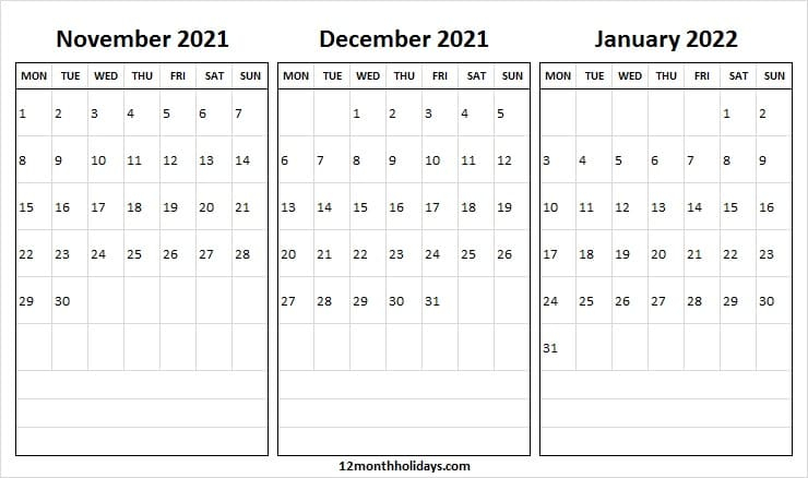 November 2021 To January 2022 Printable Calendar | Pinterest