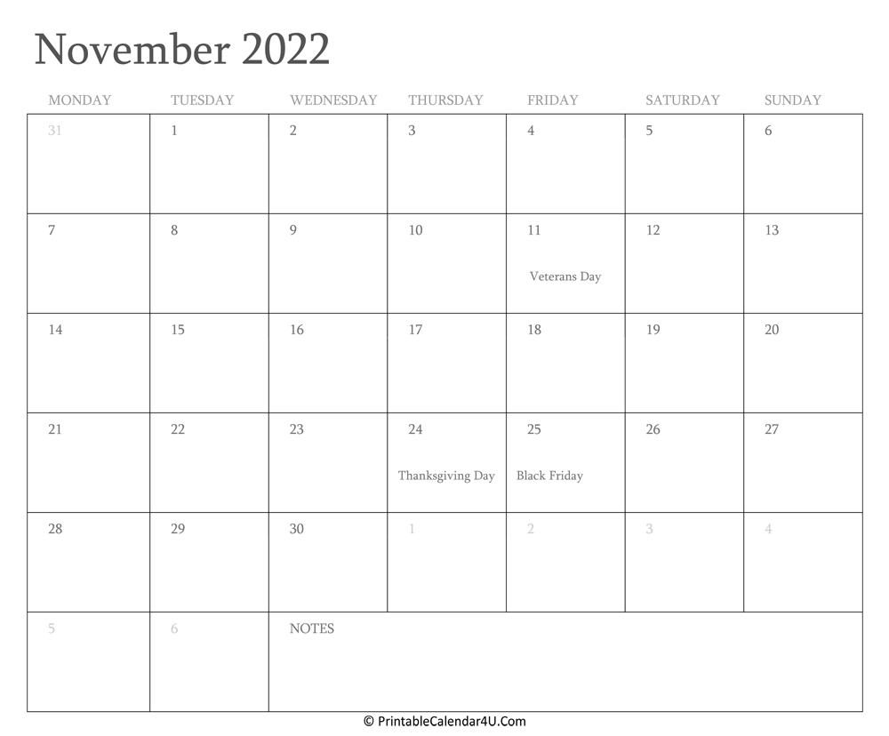 November 2022 Calendar Printable With Holidays