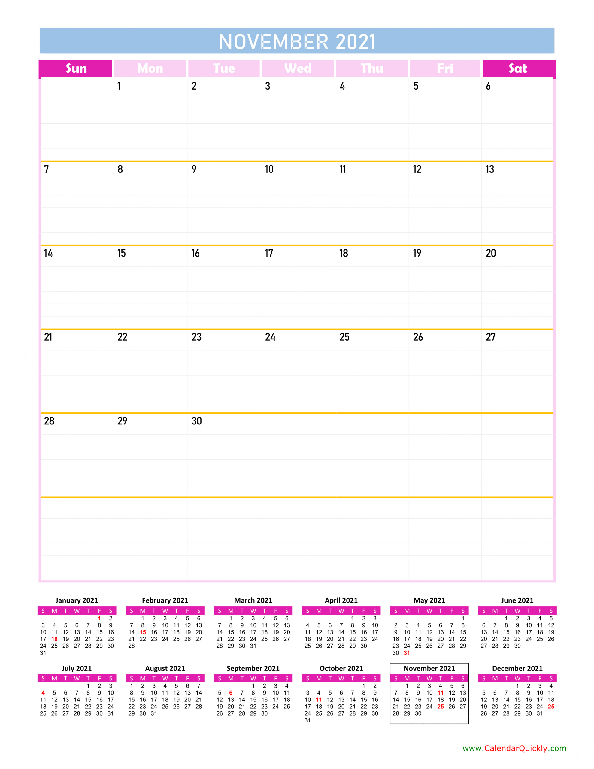 November Calendar 2021 Vertical | Calendar Quickly