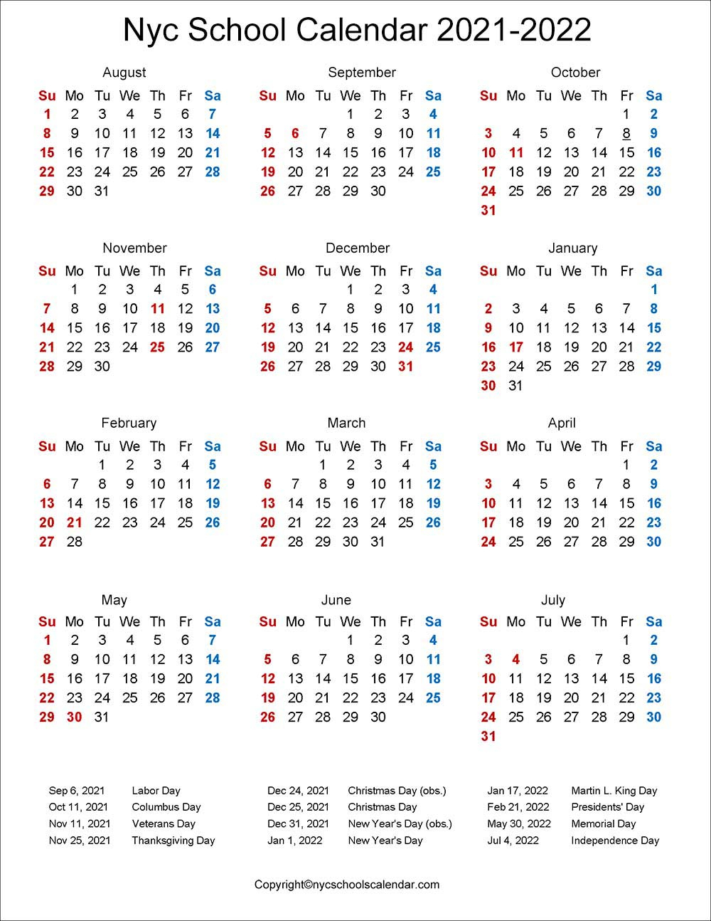 Nyc Schools Calendar 2022 Printables