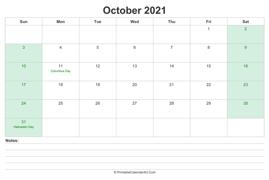 October 2021 Calendar With Us Holidays And Notes