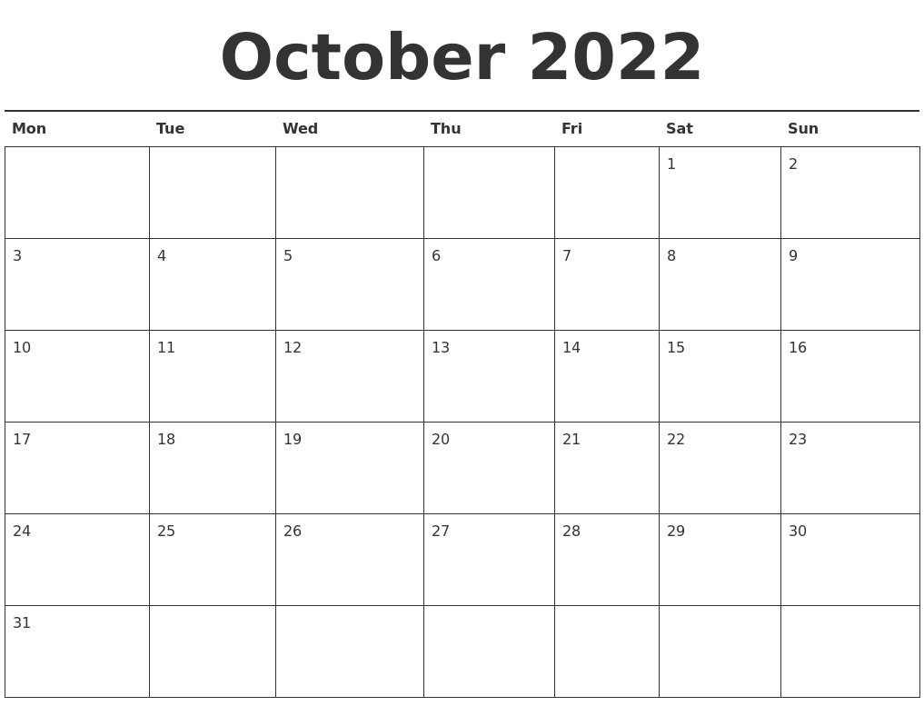 October 2022 Calendar Printable