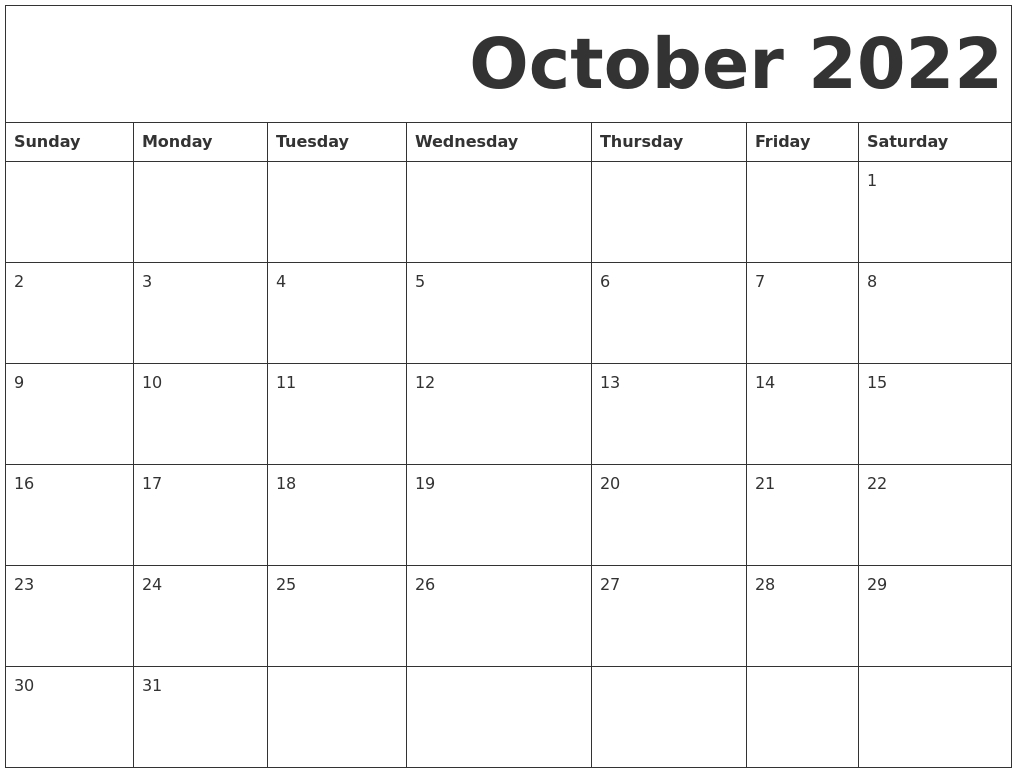 October 2022 Free Printable Calendar