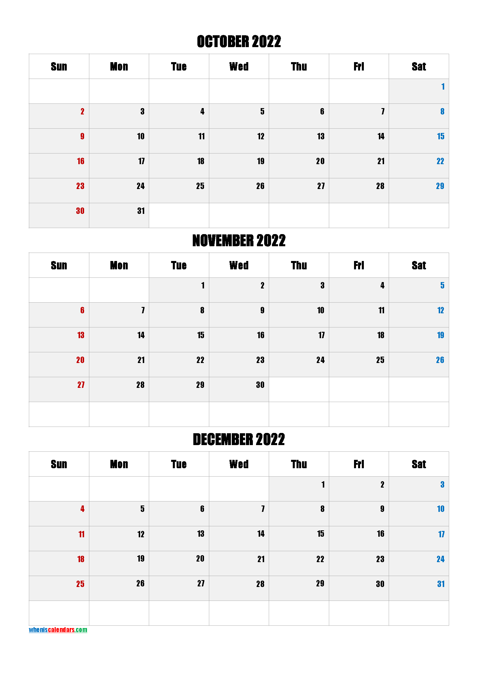 October November December 2022 Printable Calendar [Q1-Q2