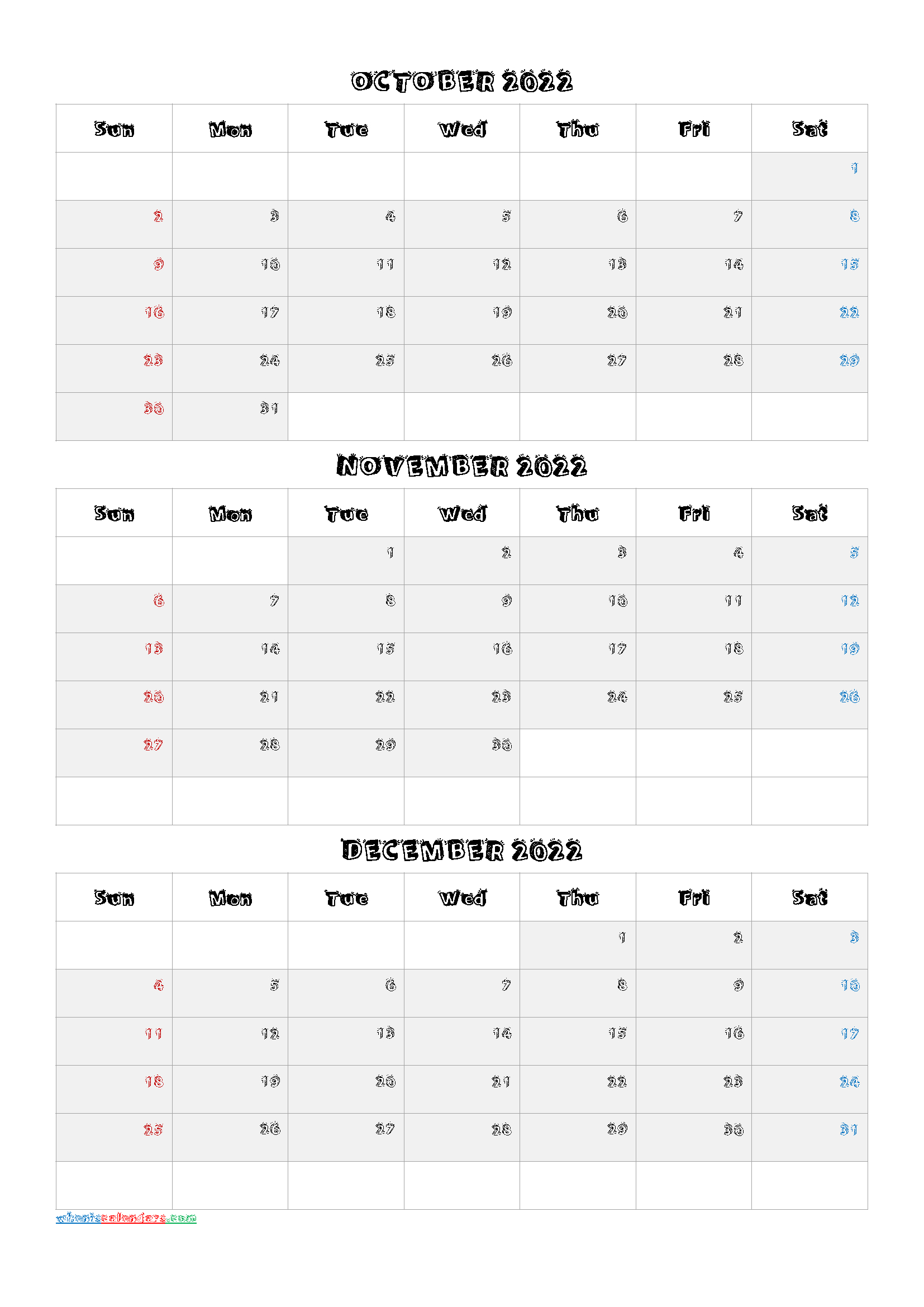 October November December 2022 Three Month Calendar-22Sk6