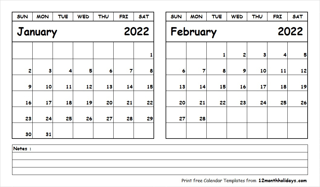 Print January February 2022 Calendar Template | 2 Month