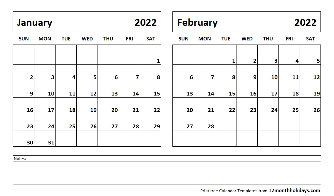 Print January February 2022 Calendar Template | 2 Month