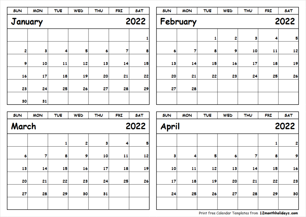 Print January To April 2022 Calendar Template | 4 Month