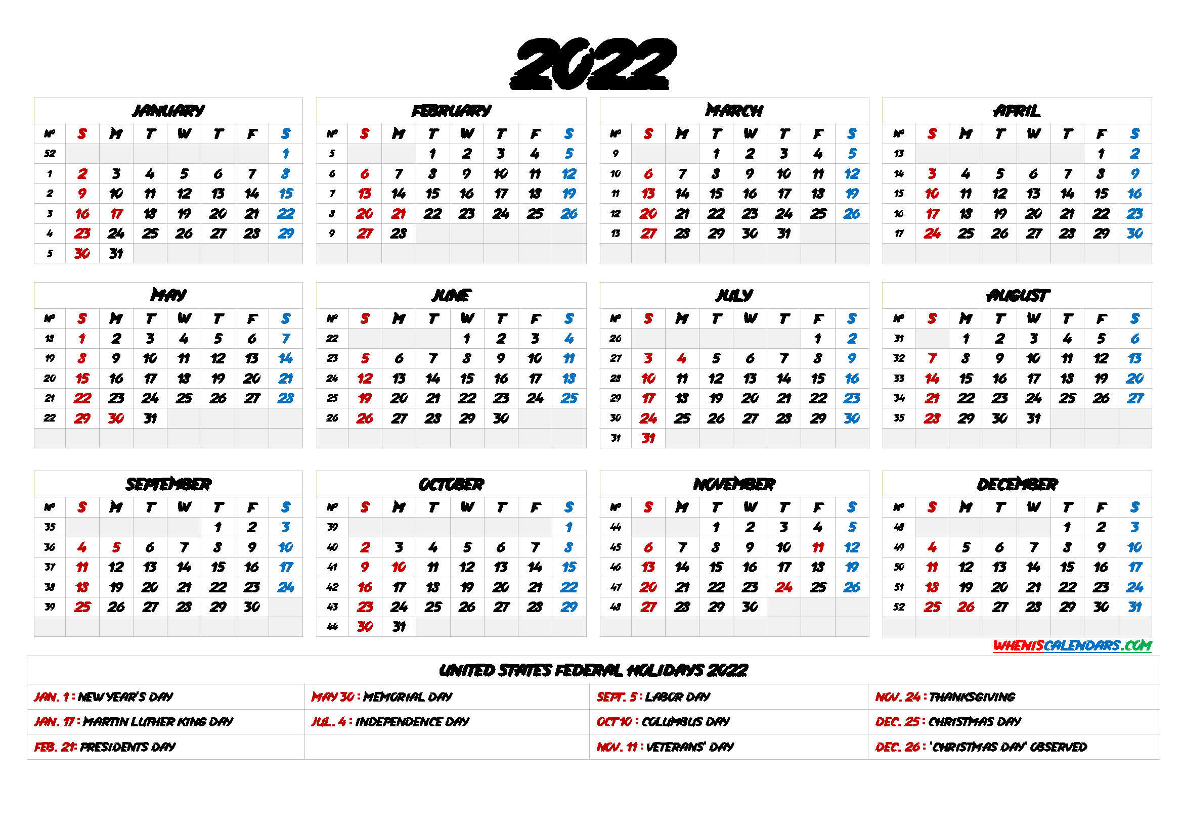 Printable Calendar 2022 With Holidays - 9 Templates - Free