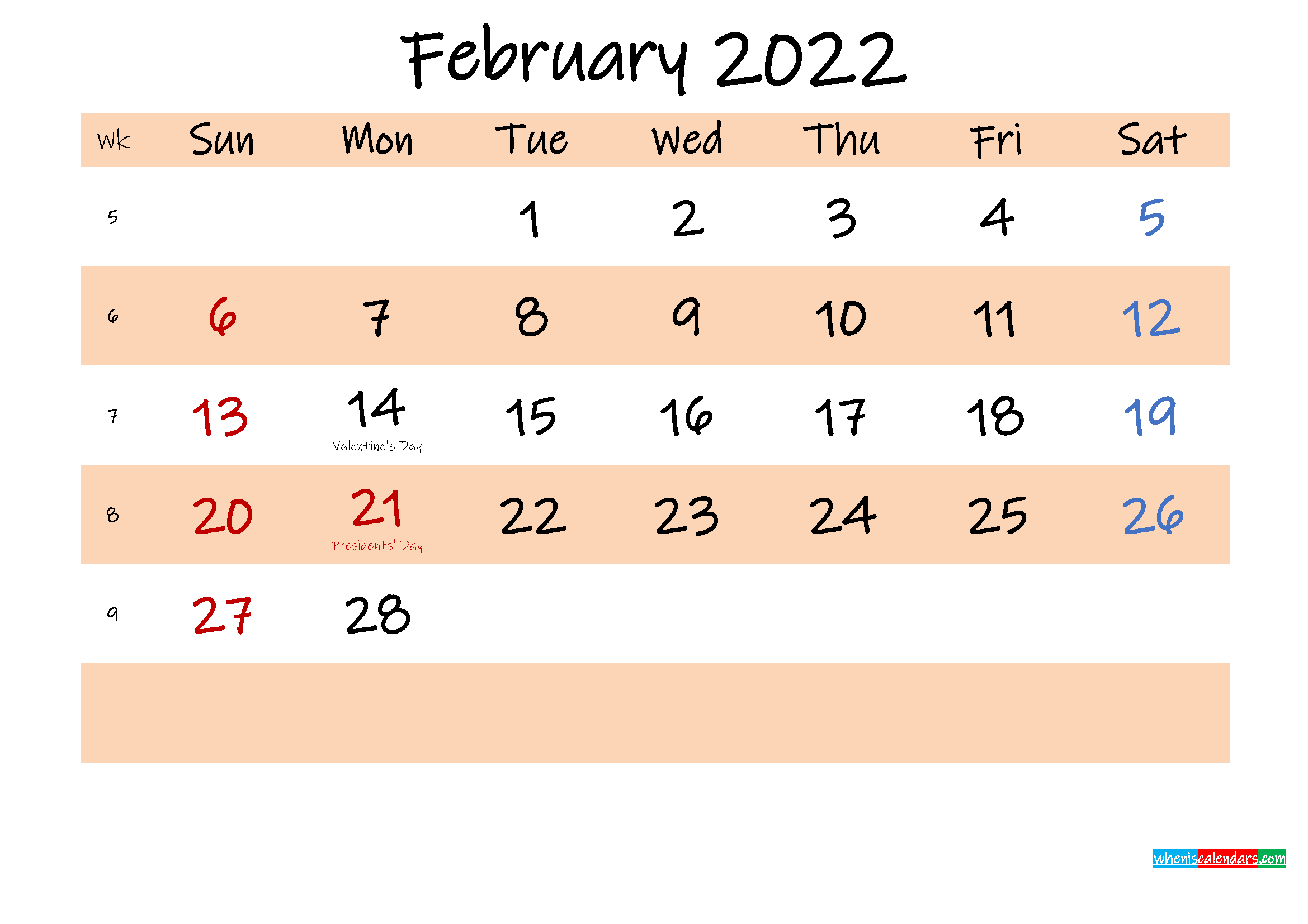 Printable Calendar February 2022 - Template No.ink22M554