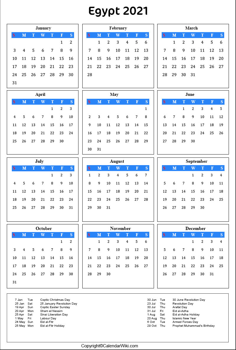 Printable Egypt Calendar 2021 With Holidays [Public Holidays]