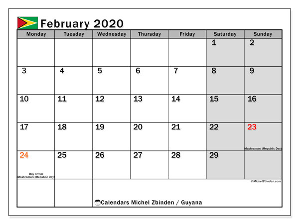 Printable February 2020 &quot;Guyana&quot; Calendar - Michel Zbinden En