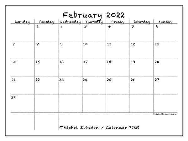 Printable February 2022 &quot;77Ms&quot; Calendar - Michel Zbinden En