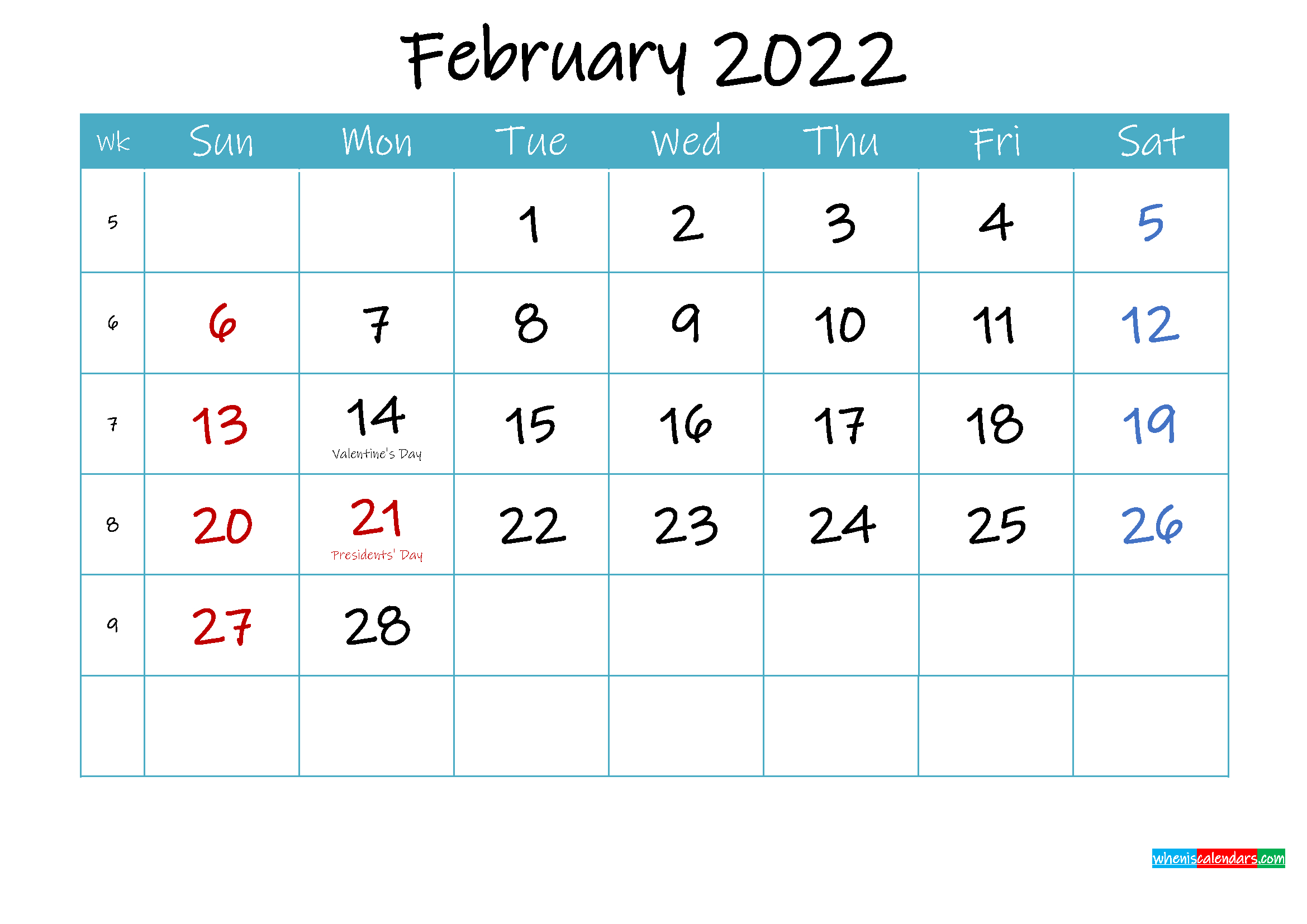 Printable February 2022 Calendar Pdf - Template Ink22M62