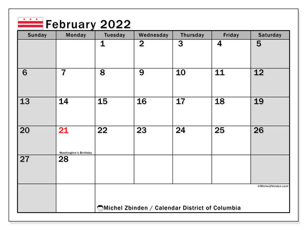 Printable February 2022 &quot;District Of Columbia&quot; Calendar