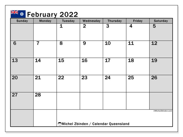 Printable February 2022 &quot;Queensland (Ss)&quot; Calendar