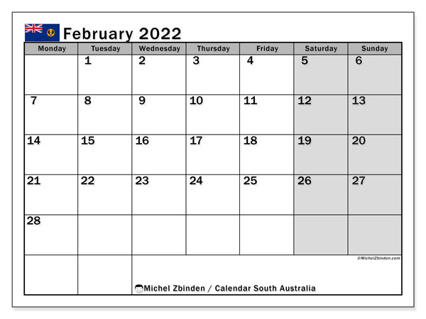 Printable February 2022 &quot;South Australia&quot; Calendar - Michel Zbinden En