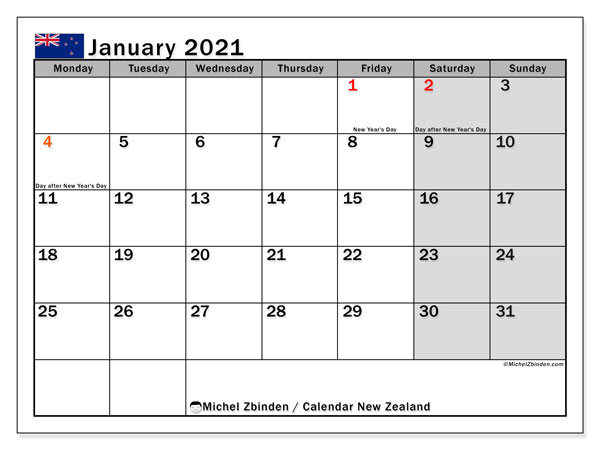 Printable January 2021 &quot;New Zealand&quot; Calendar - Michel