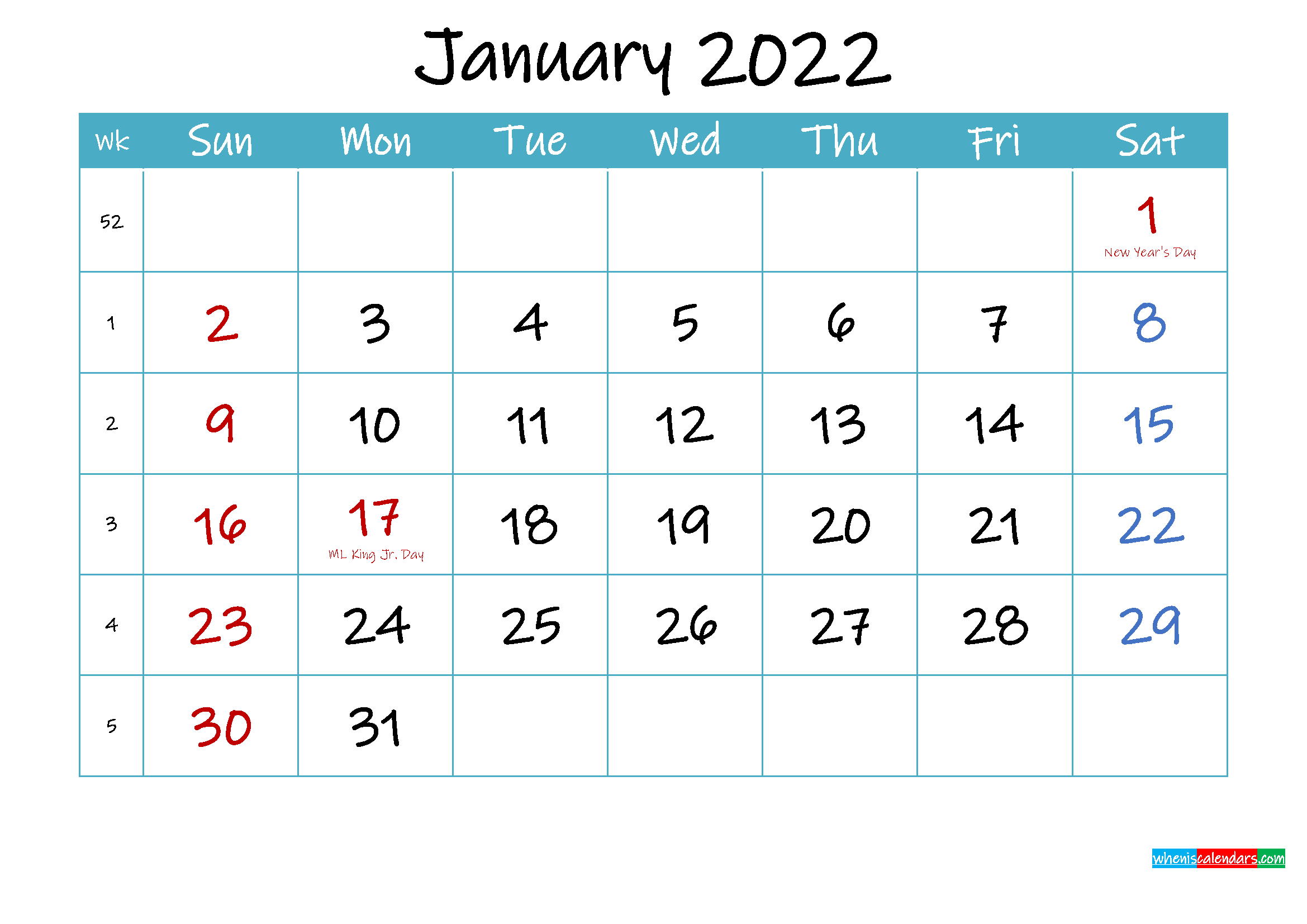 Printable January 2022 Calendar Pdf - Template Ink22M61