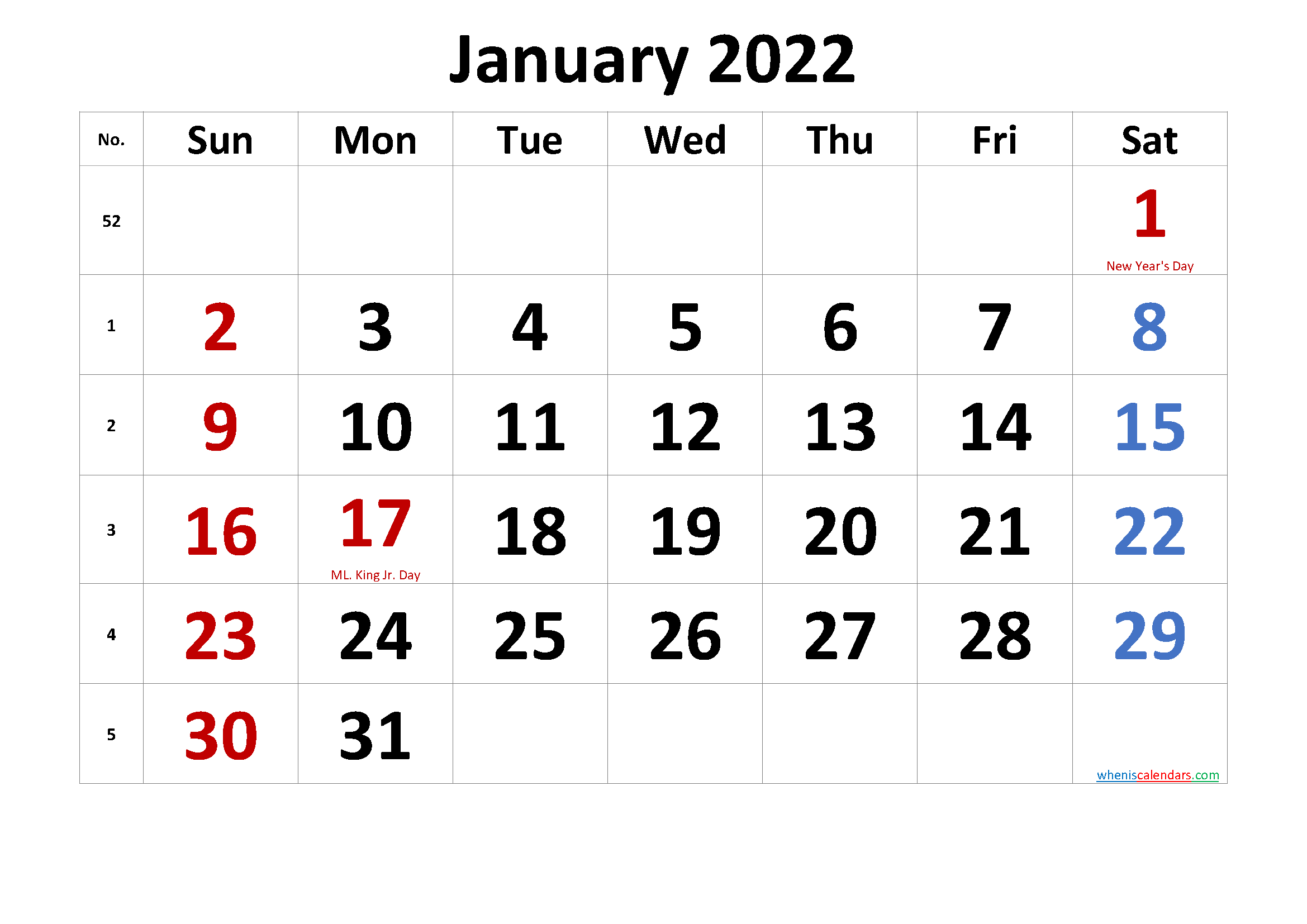 Printable January 2022 Calendar With Holidays - 6