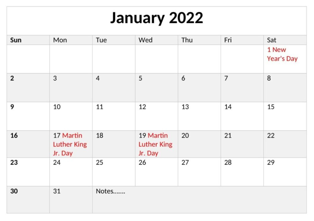 Printable January 2022 Calendar With Holidays
