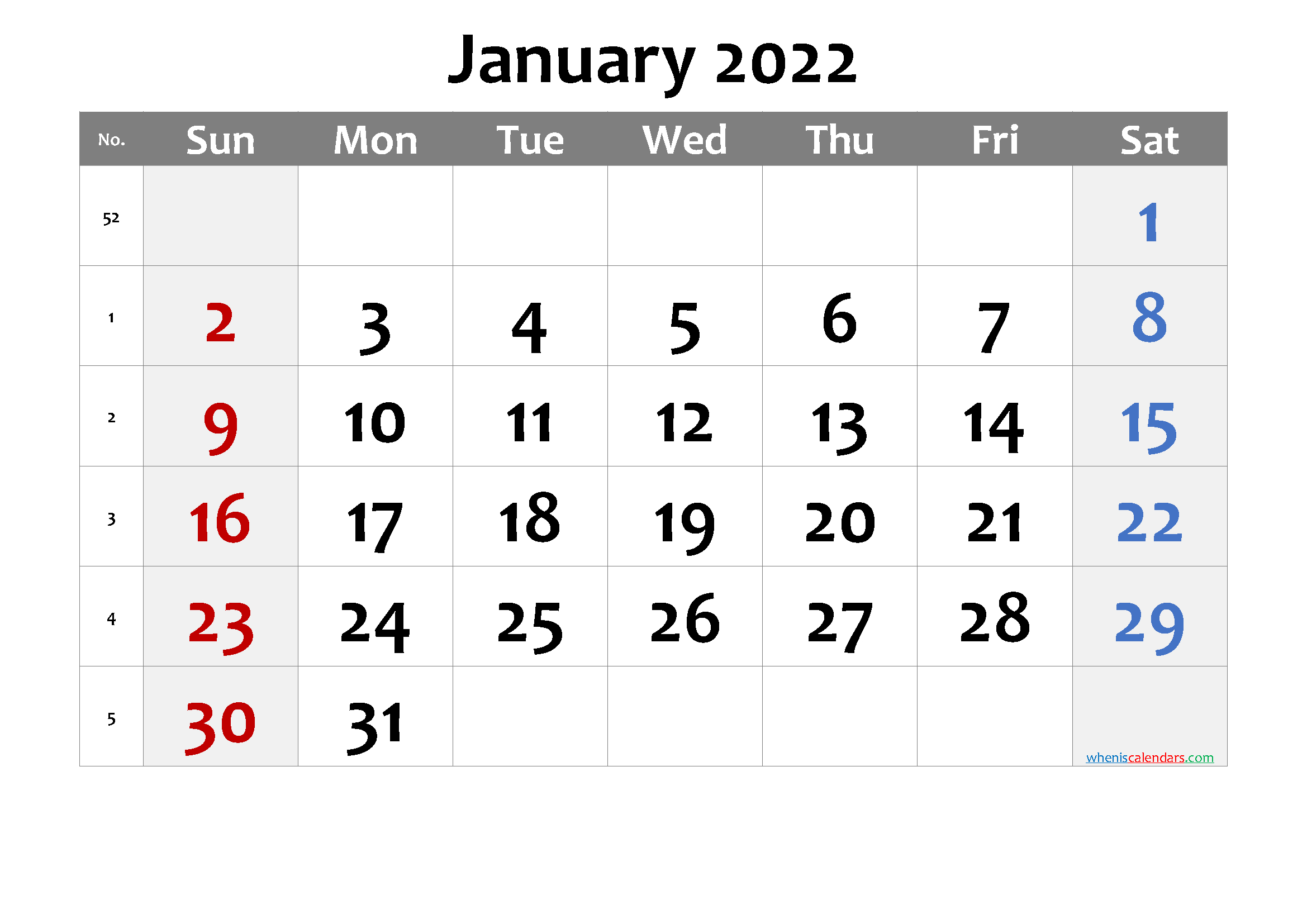 Printable January 2022 Calendar