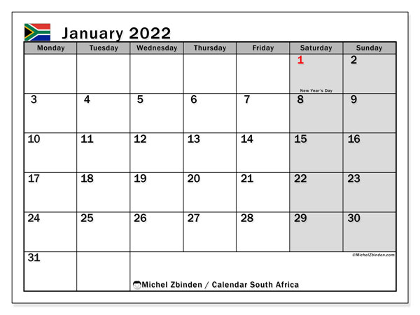 Printable January 2022 &quot;South Africa&quot; Calendar - Michel