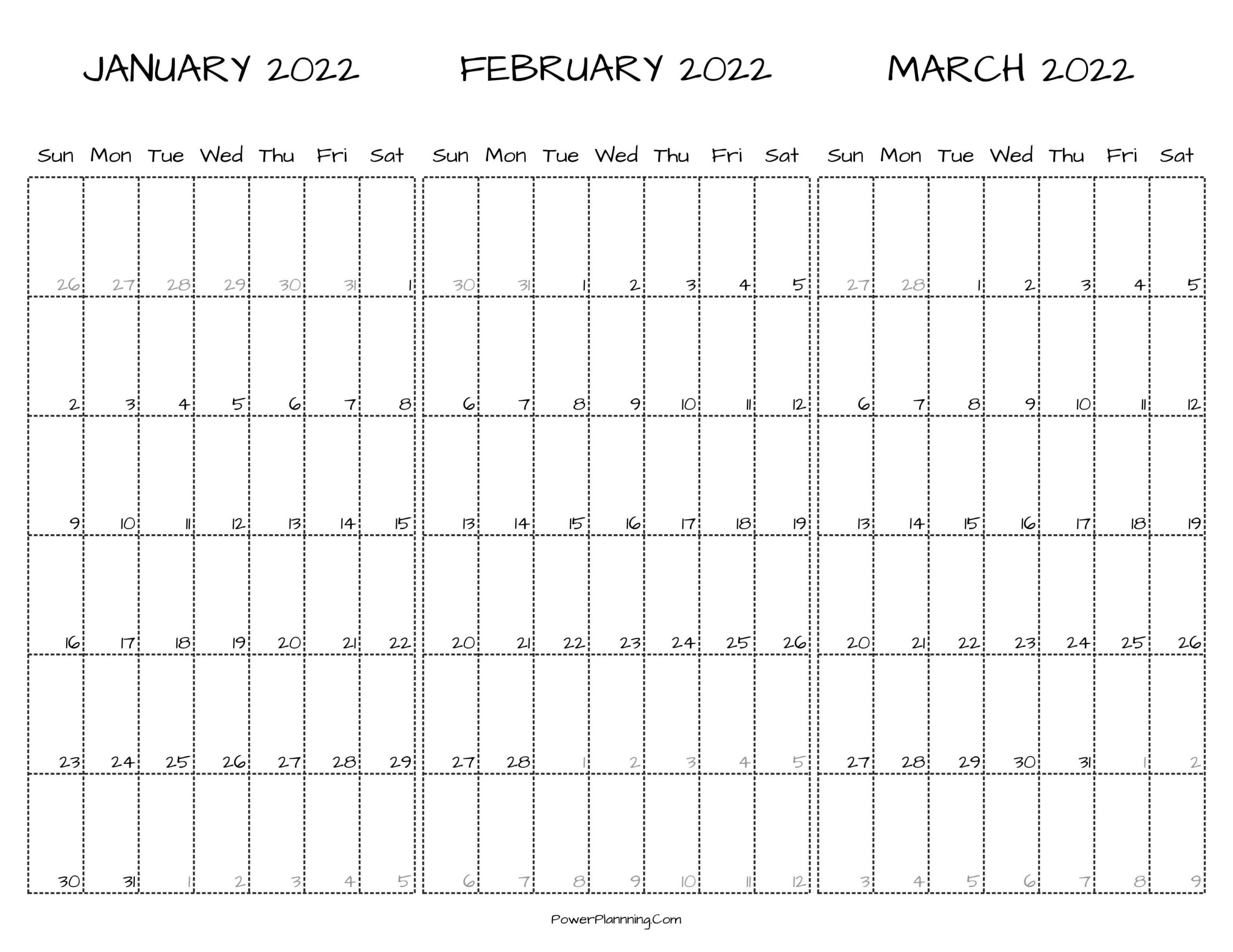 Printable January February March 2022 Calendar Free Templates