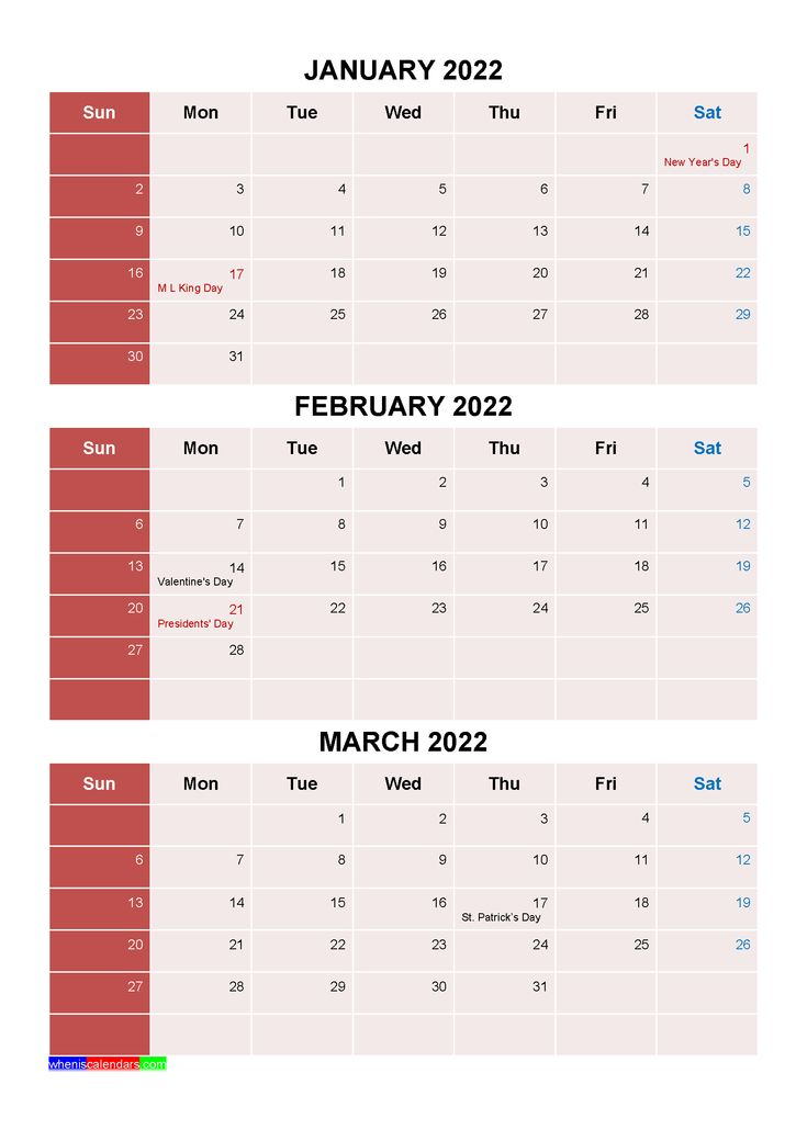 Printable January February March 2022 Calendar With