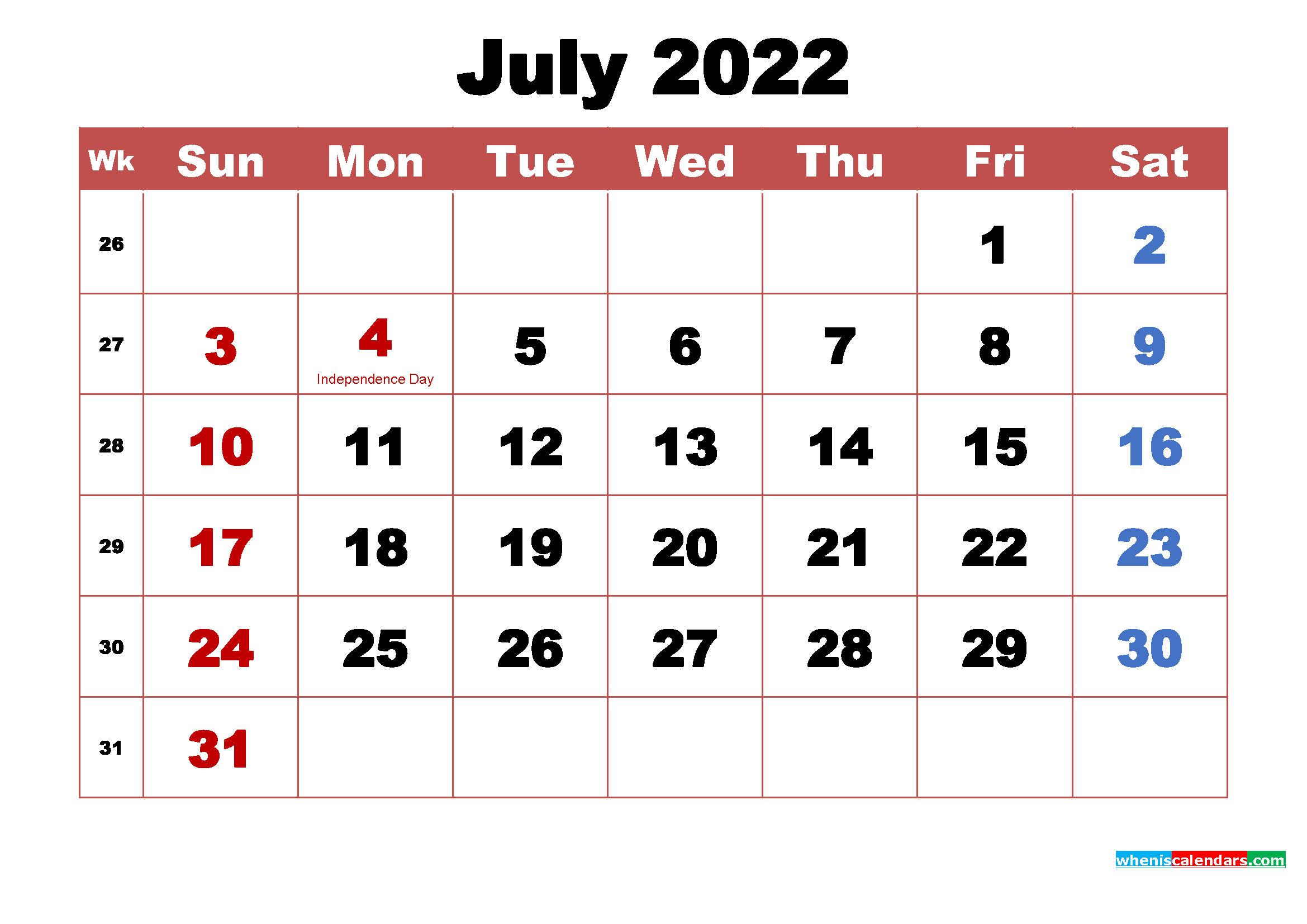 Printable July 2022 Calendar With Holidays Word, Pdf