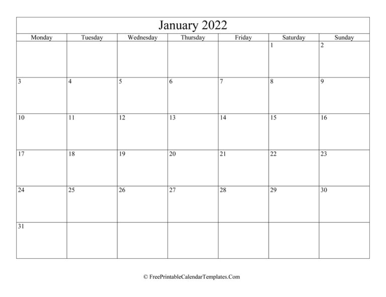 Printable Landscape January 2022 Calendar - 2023 Printable