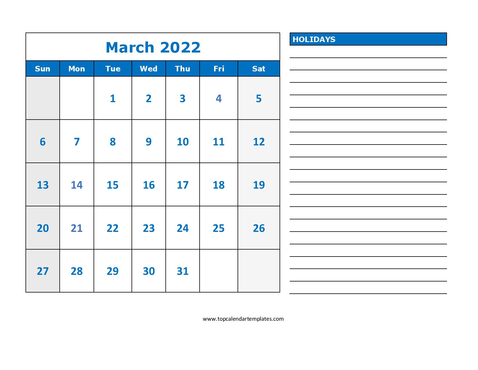 Printable March 2022 Calendar Template (Pdf, Word, Excel)