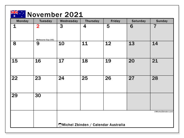 Printable November 2021 &quot;Australia&quot; Calendar - Michel