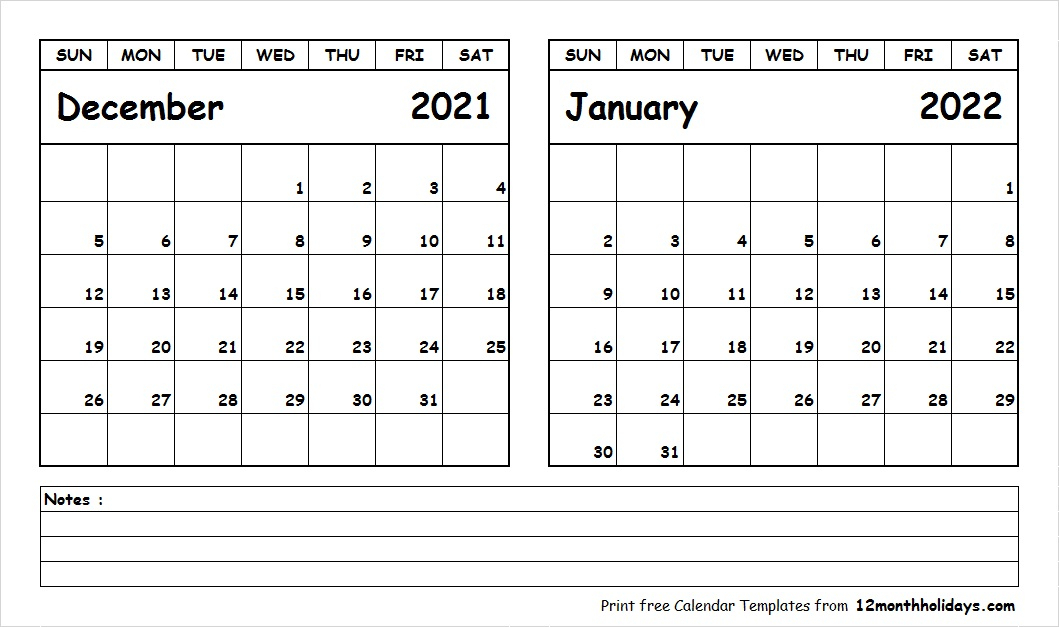 Printable Two Month Calendar December 2021 January 2022